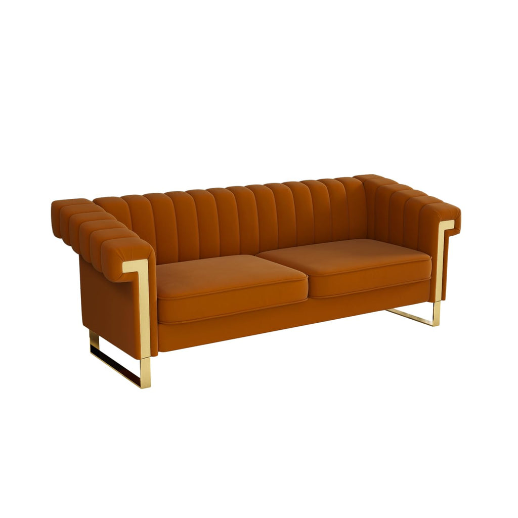 Orange Velvet Channel Tufted Sofa with Gold Metal Legs C7508