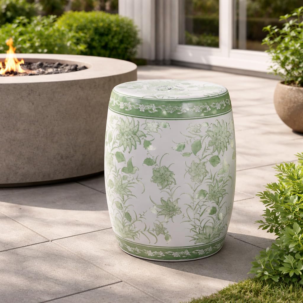 Green & White Chinoiserie Stool E651