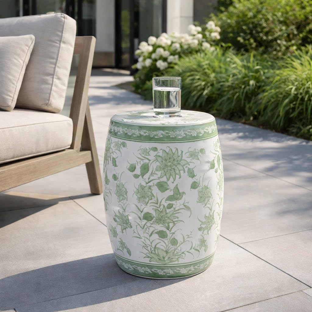 Green & White Chinoiserie Stool E651