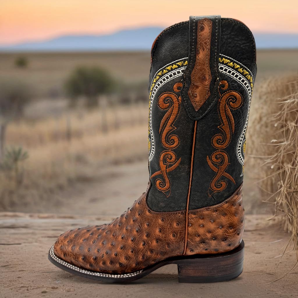 Leather Ostrich Quill Print Square Toe Western Cowboy Boot B4862
