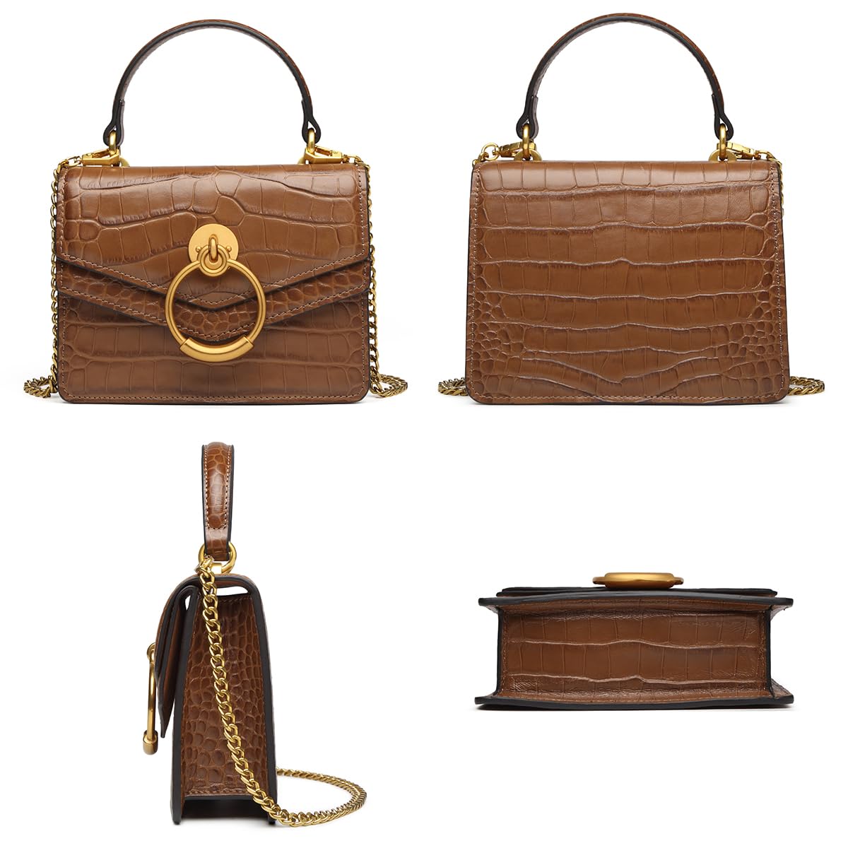 Croc Embossed Top Handle Leather Mini Crossbody Handbag Y709