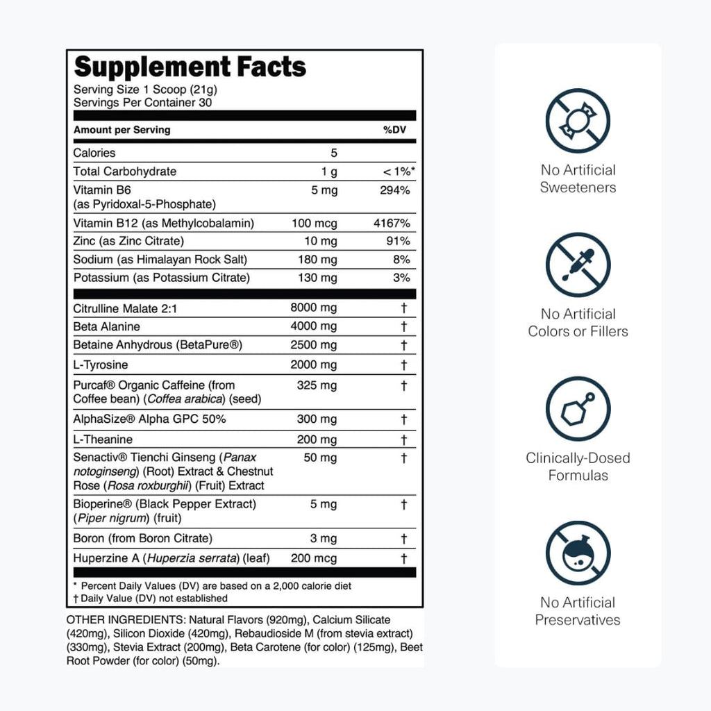 Sugar Free Pre Workout with Beta Alanine, Citrulline Malate & Caffeine, 30 Servings S611925