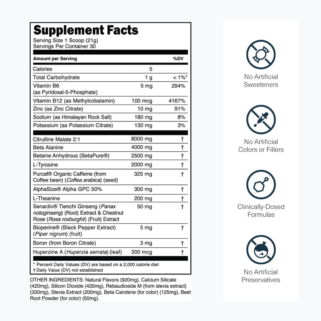 Sugar Free Pre Workout with Beta Alanine, Citrulline Malate & Caffeine, 30 Servings S611925