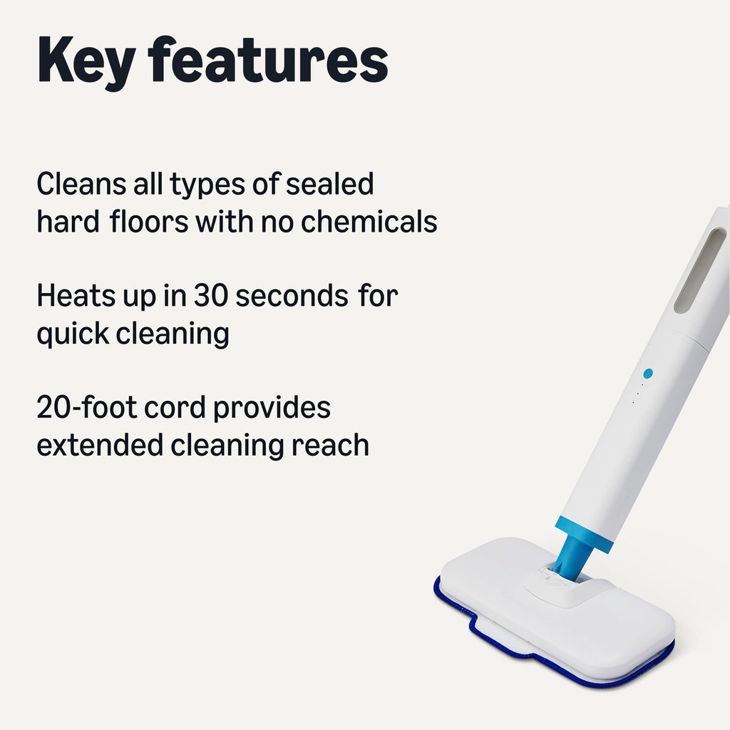 Steam Mop for Sealed Hard Floors, 3 Washable Pads, 20-Foot Cord, White N61974