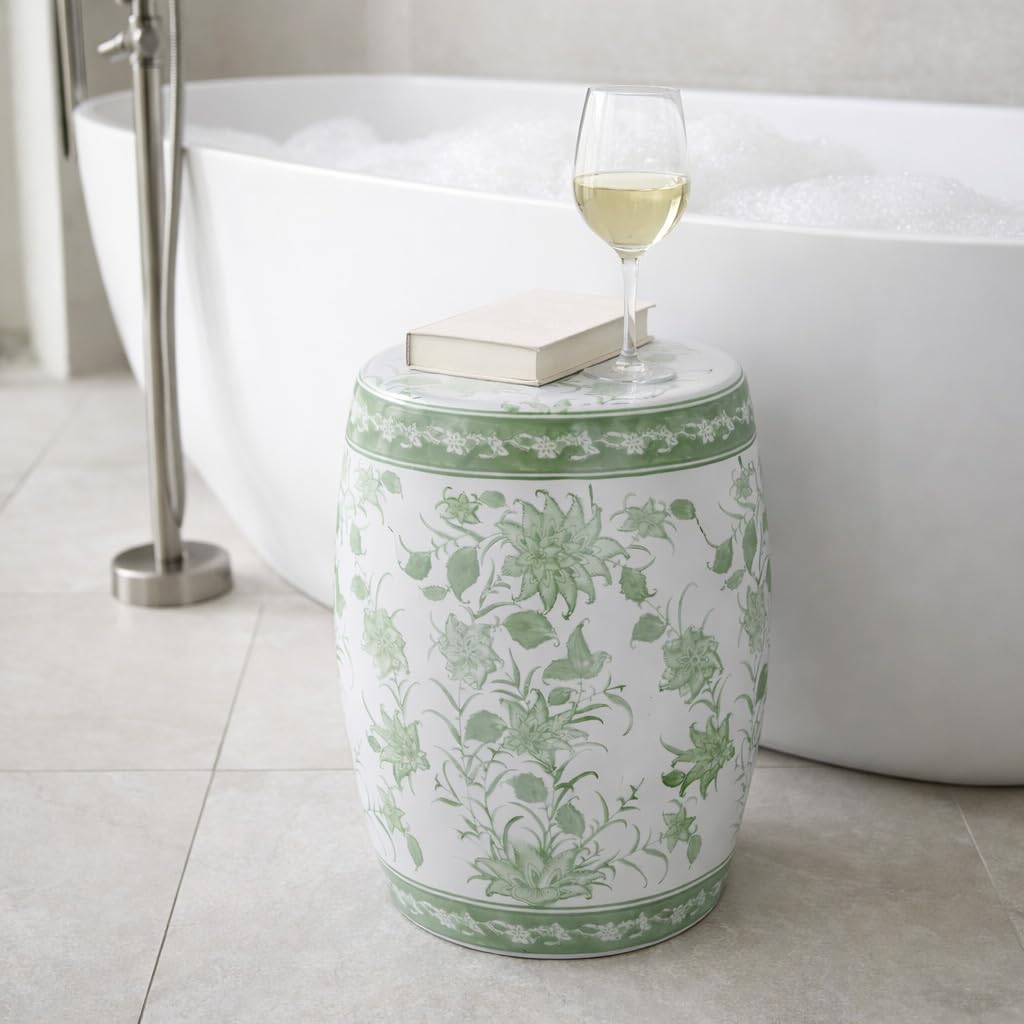 Green & White Chinoiserie Stool E651