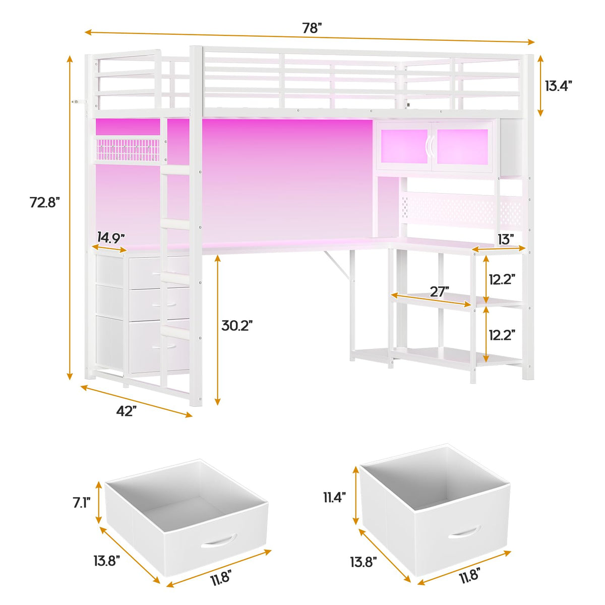 White Twin Gaming Loft Bed with Desk Q588