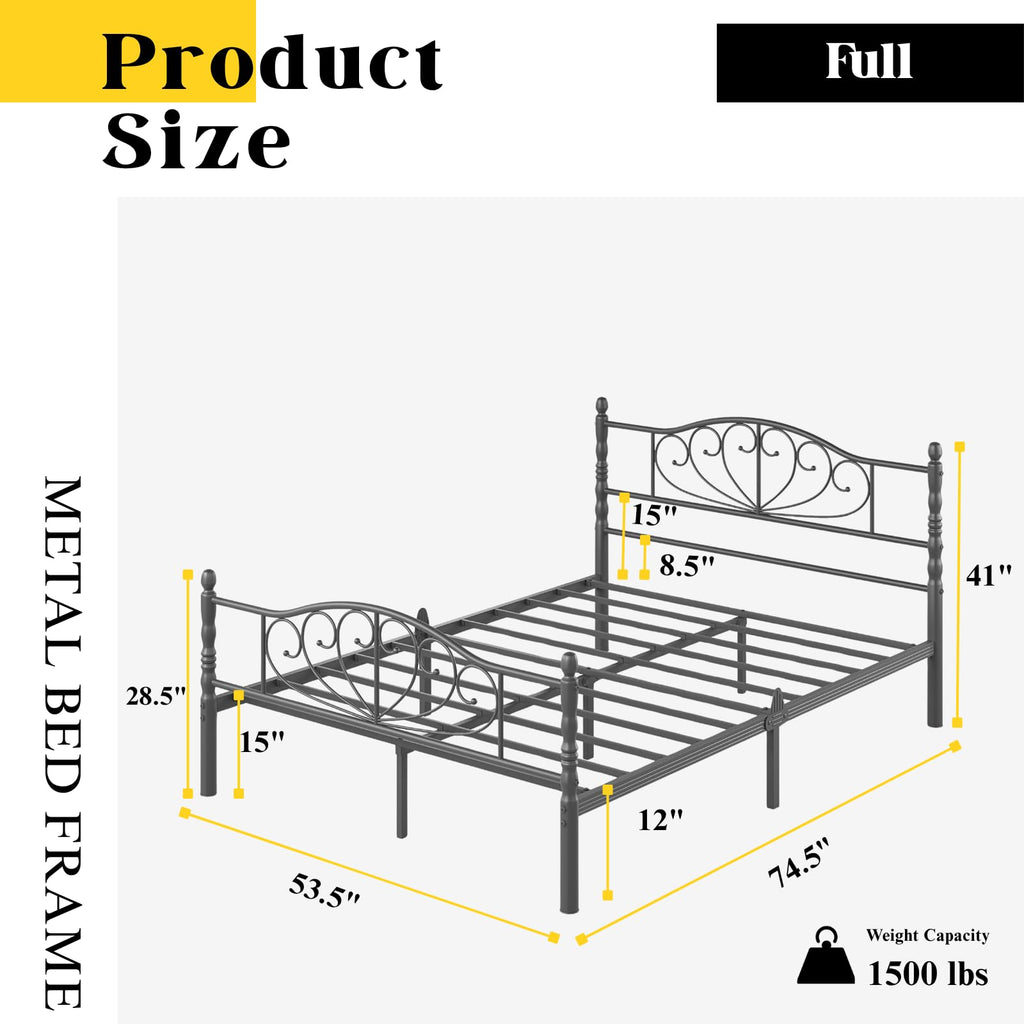 12" Metal Full Platform Bed Frame with Headboard D9718