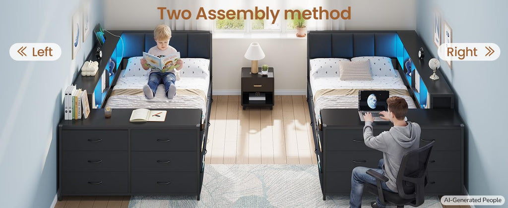 Twin Corner Bed with 6 Storage Dressers, 3 Drawers & Bookcase, Charging Station and LED Light, Desk, Upholstered Headboard, Black D716