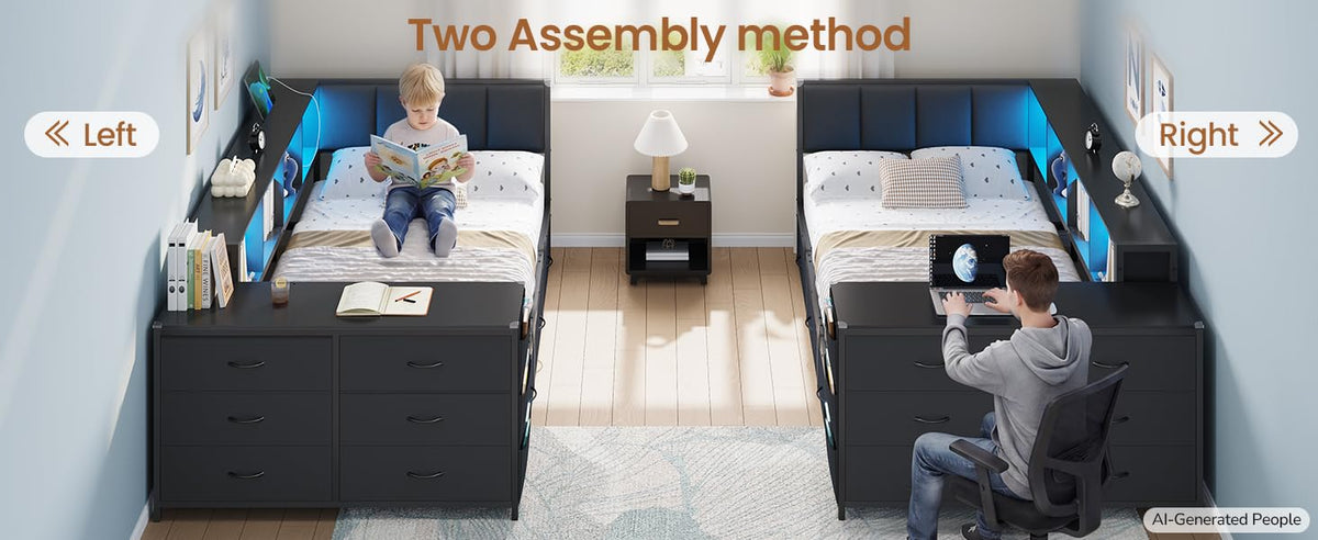 Twin Corner Bed with 6 Storage Dressers, 3 Drawers & Bookcase, Charging Station and LED Light, Desk, Upholstered Headboard, Black D716