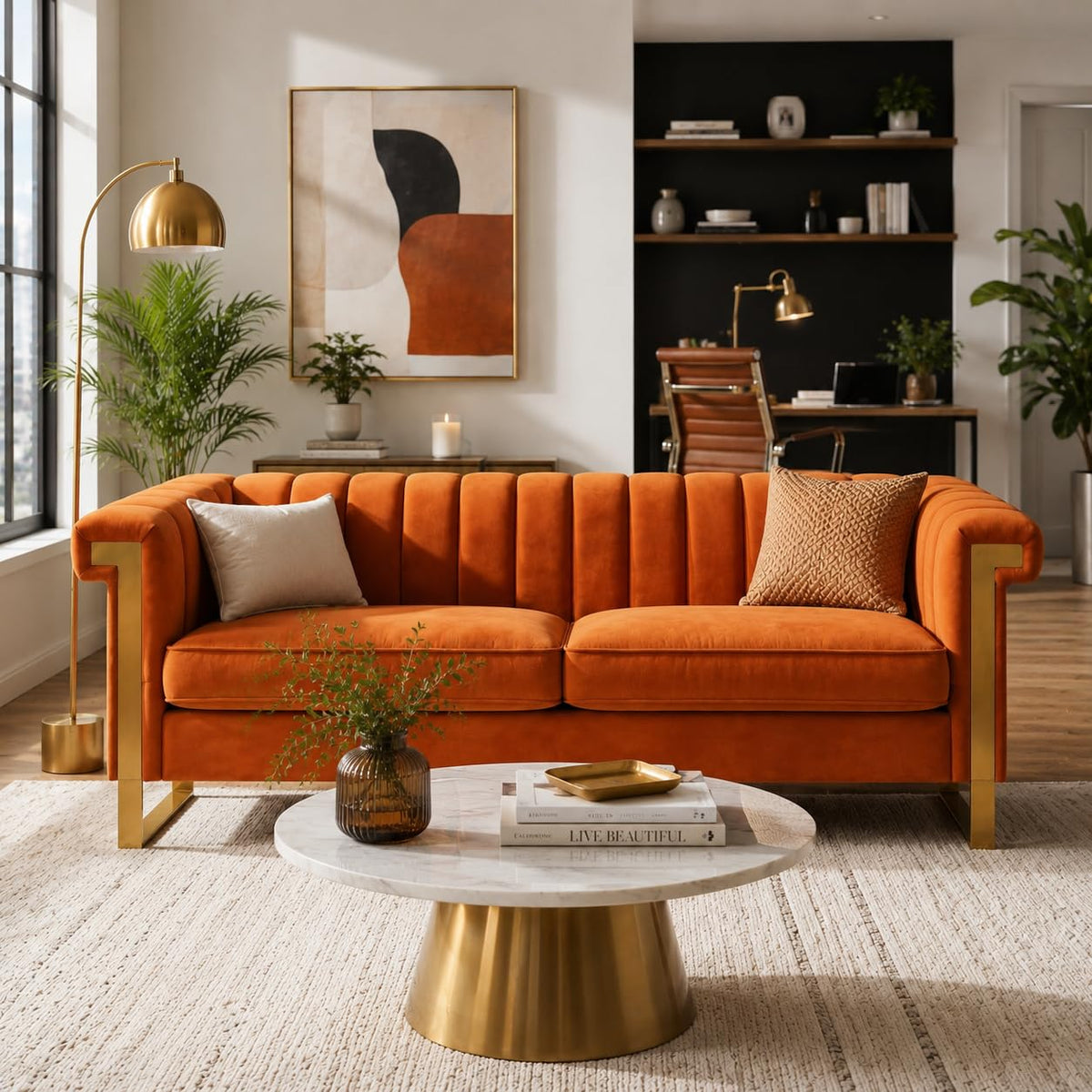 Orange Velvet Channel Tufted Sofa with Gold Metal Legs C7508