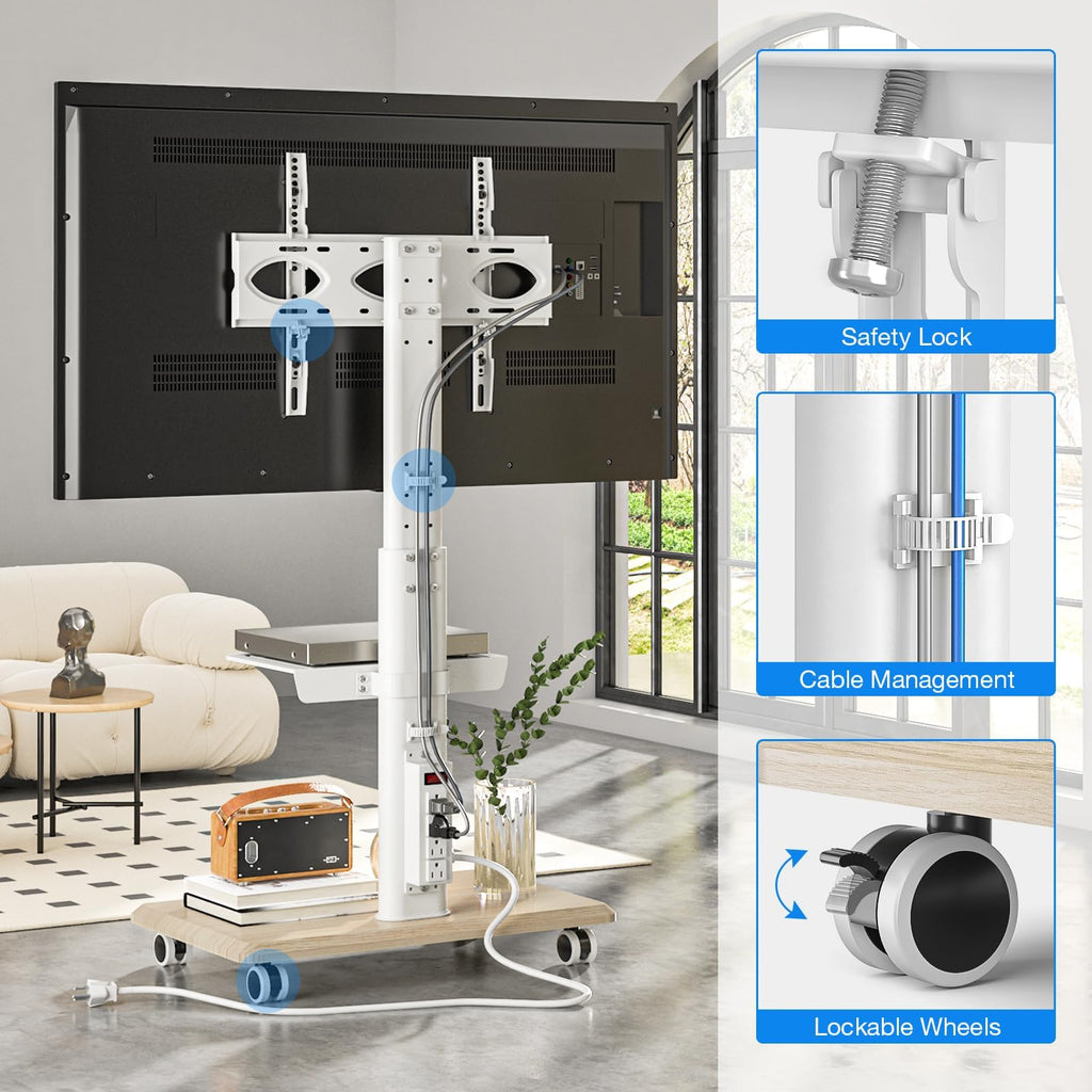 White Height Adjustable Rolling TV Stand for 32-75 Inch TVs B379