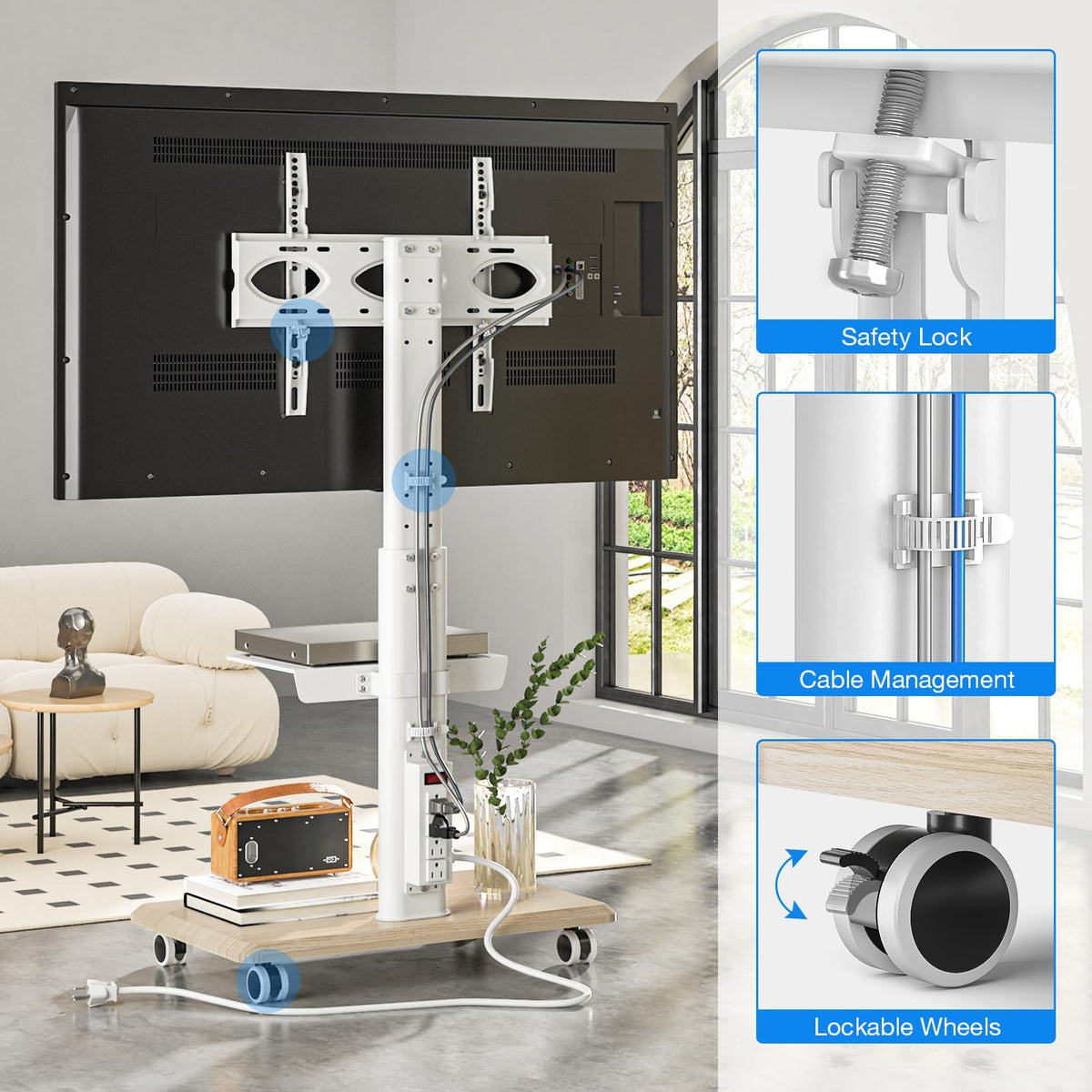 White Height Adjustable Rolling TV Stand for 32-75 Inch TVs B379
