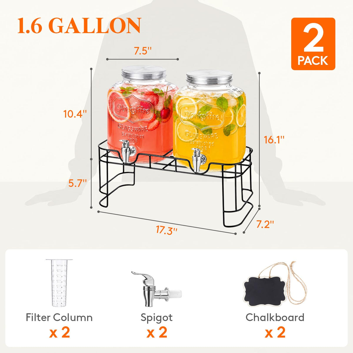 1.6 Gallon Glass Drink Dispenser with Stand & Fruit Infuser 2 Pcs W897