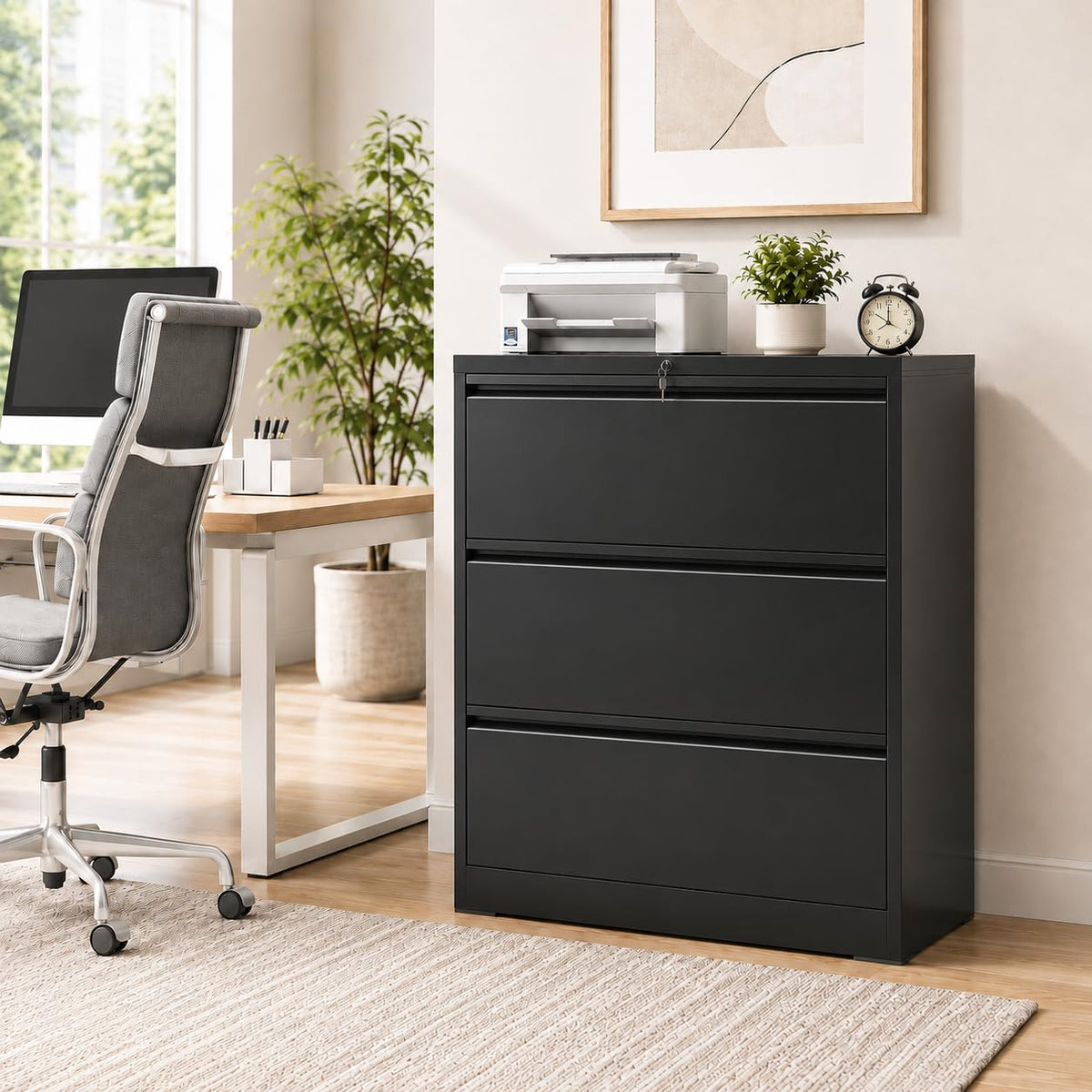 Black 3 Drawer Metal File Cabinet with Lock X6583