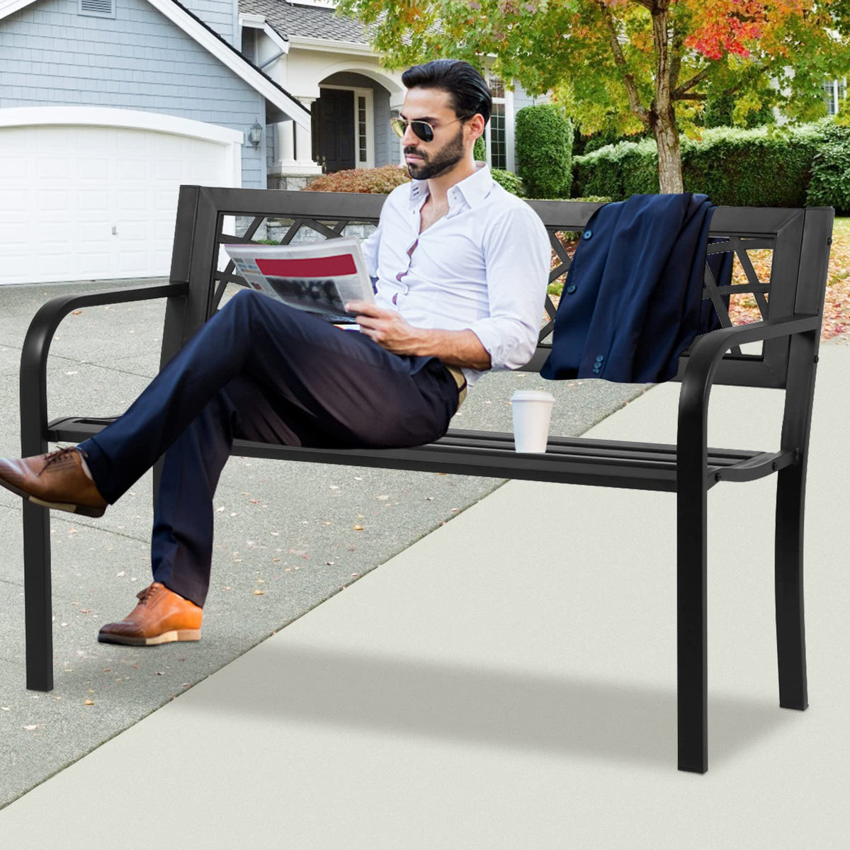 Black Cast Iron Outdoor Garden Bench with Mesh Backrest I106