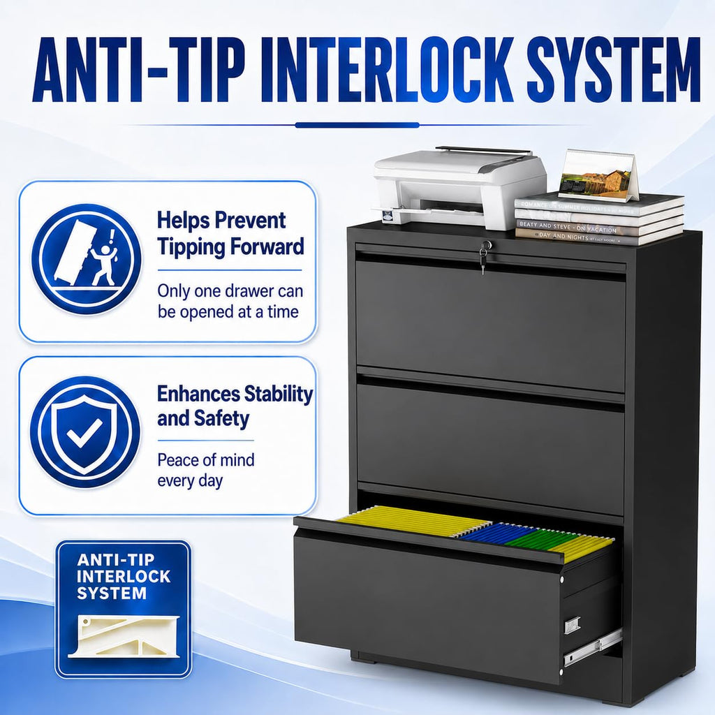 Black 3 Drawer Metal File Cabinet with Lock X6583