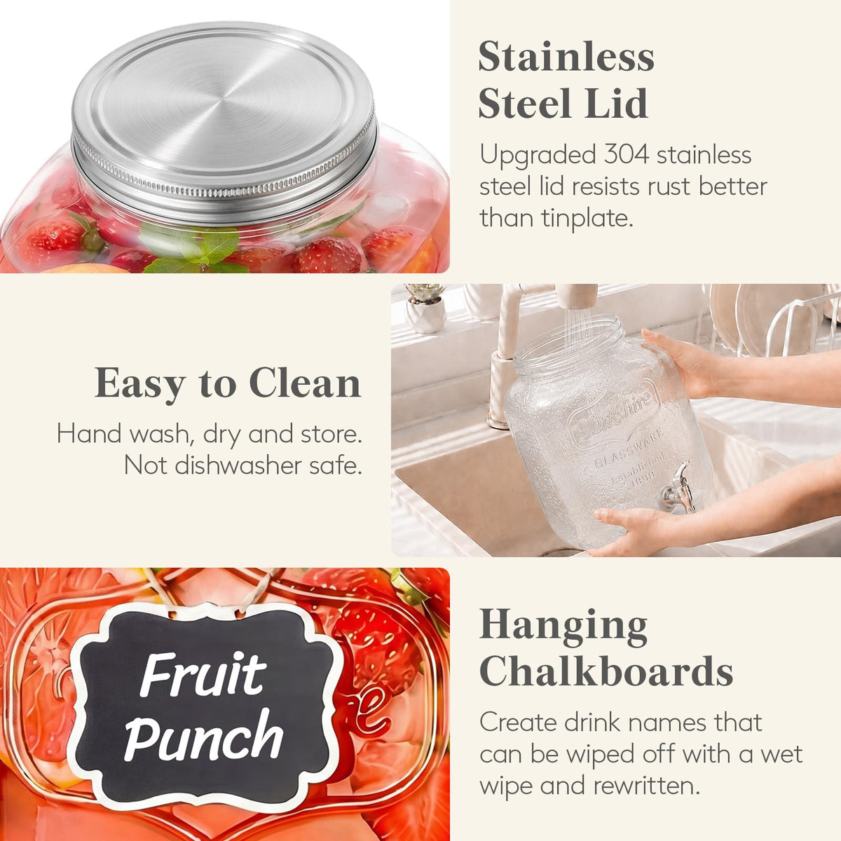 1.6 Gallon Glass Drink Dispenser with Stand & Fruit Infuser 2 Pcs W897