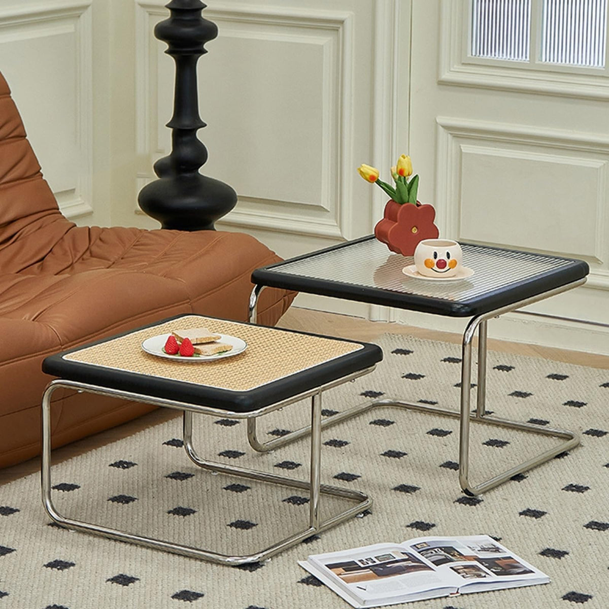 Mid Century Modern Coffee Table Set of 2 Square Metal Base C715553