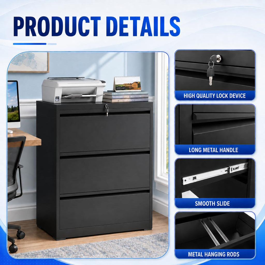 Black 3 Drawer Metal File Cabinet with Lock X6583