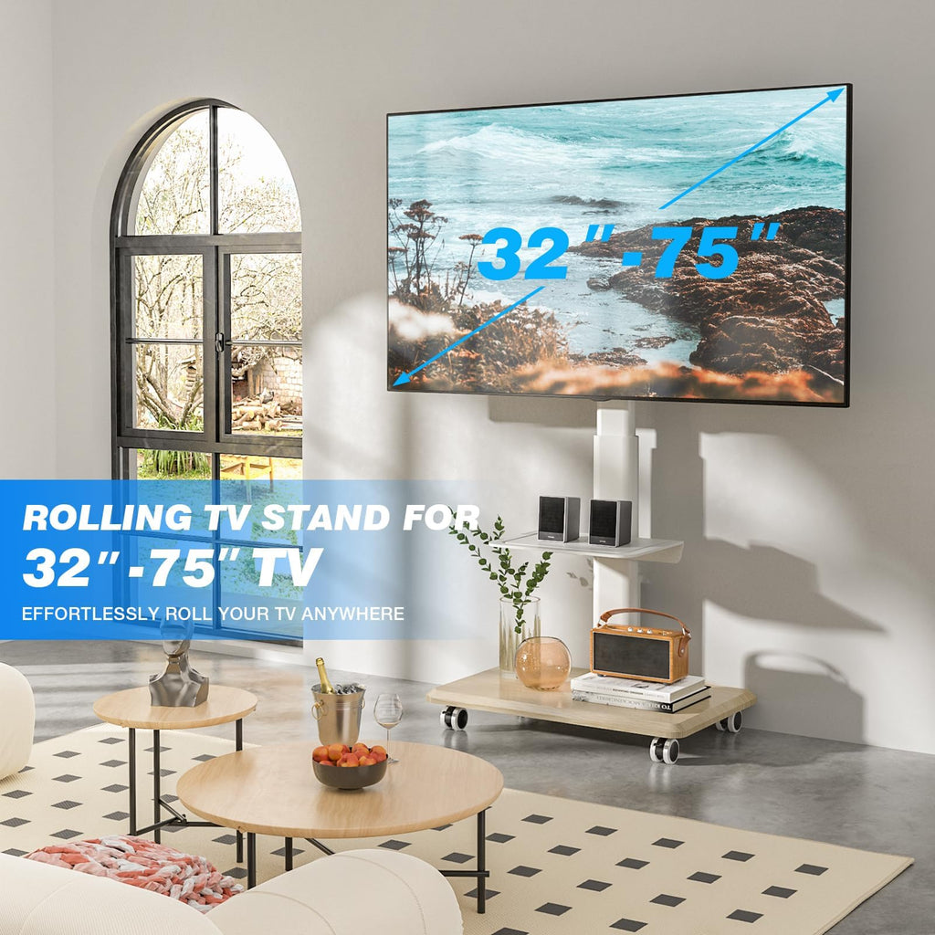 White Height Adjustable Rolling TV Stand for 32-75 Inch TVs B379