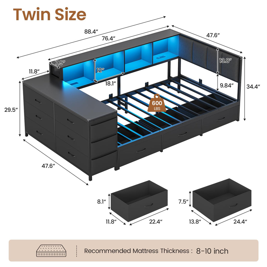 Twin Corner Bed with 6 Storage Dressers, 3 Drawers & Bookcase, Charging Station and LED Light, Desk, Upholstered Headboard, Black D716