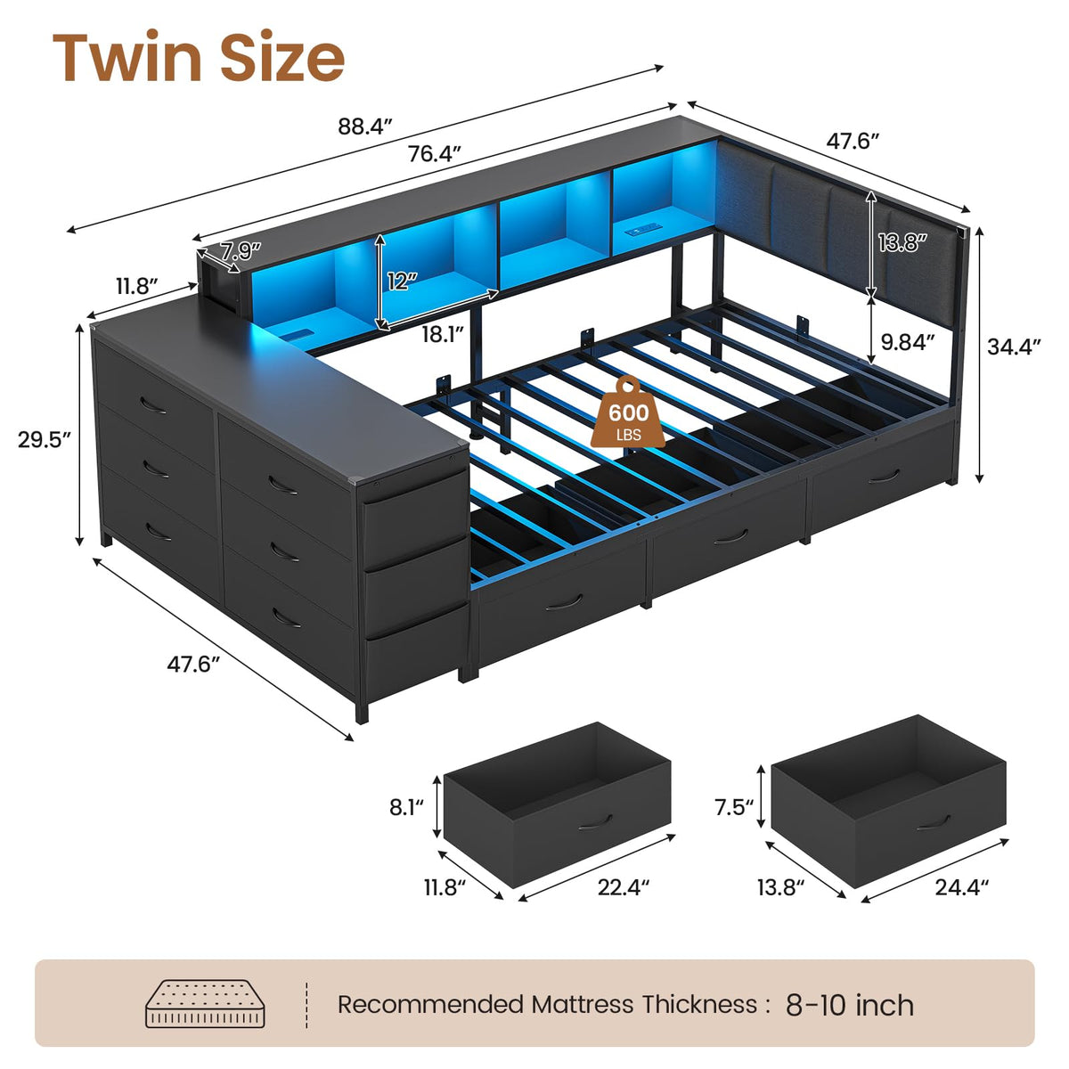 Twin Corner Bed with 6 Storage Dressers, 3 Drawers & Bookcase, Charging Station and LED Light, Desk, Upholstered Headboard, Black D716