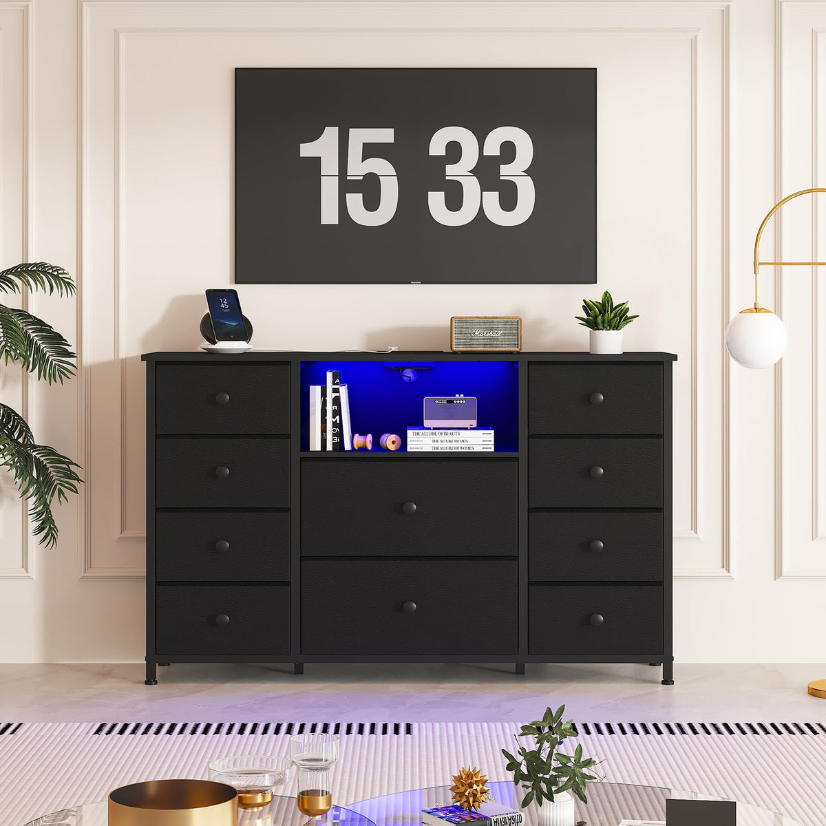 Black Dresser with Charging Station and LED Lights T558