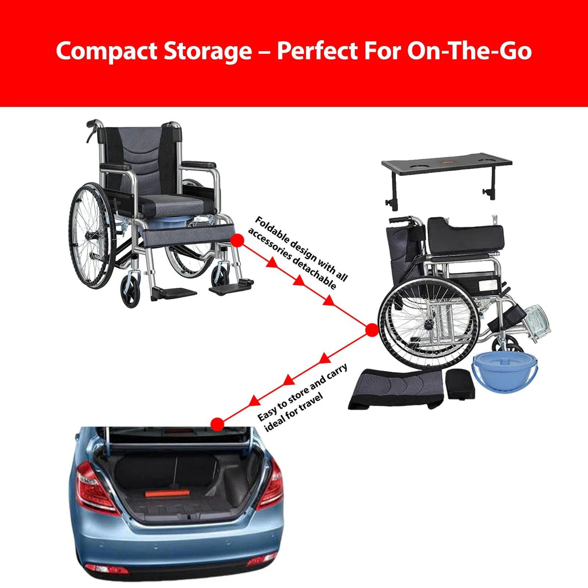 Foldable Reclining Wheelchair with Commode Bucket and Tray Table Z7047