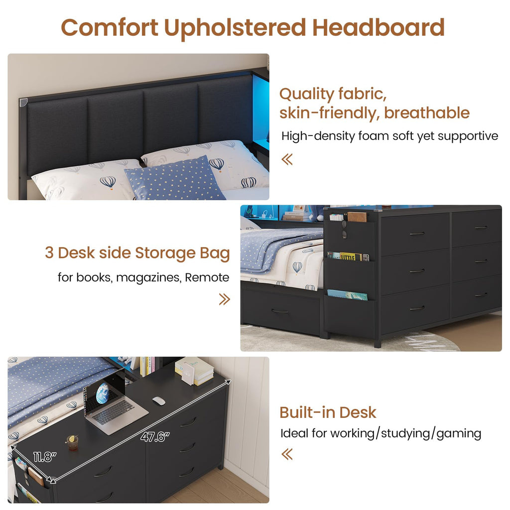 Twin Corner Bed with 6 Storage Dressers, 3 Drawers & Bookcase, Charging Station and LED Light, Desk, Upholstered Headboard, Black D716