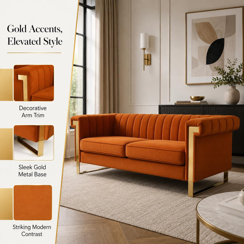 Orange Velvet Channel Tufted Sofa with Gold Metal Legs C7508