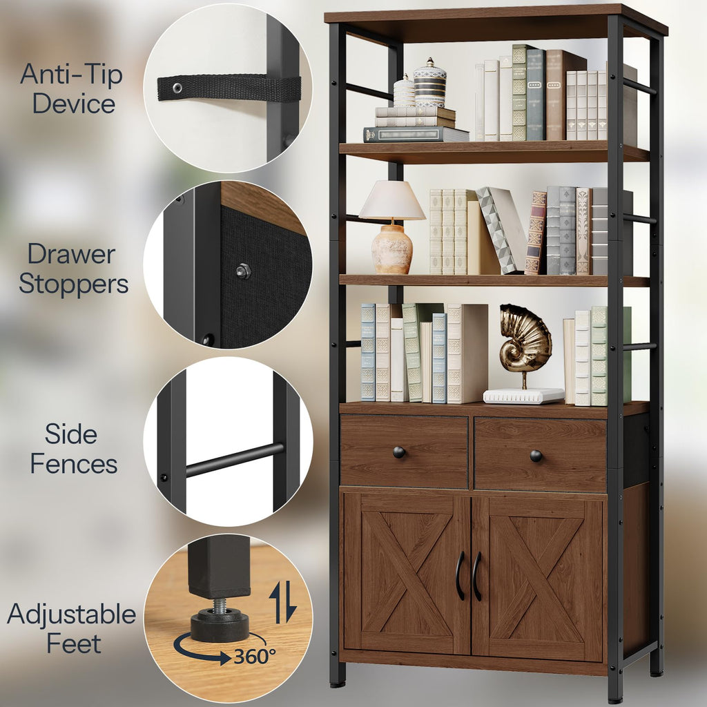 Wooden and Metal Bookshelf with Doors and Drawers E68593