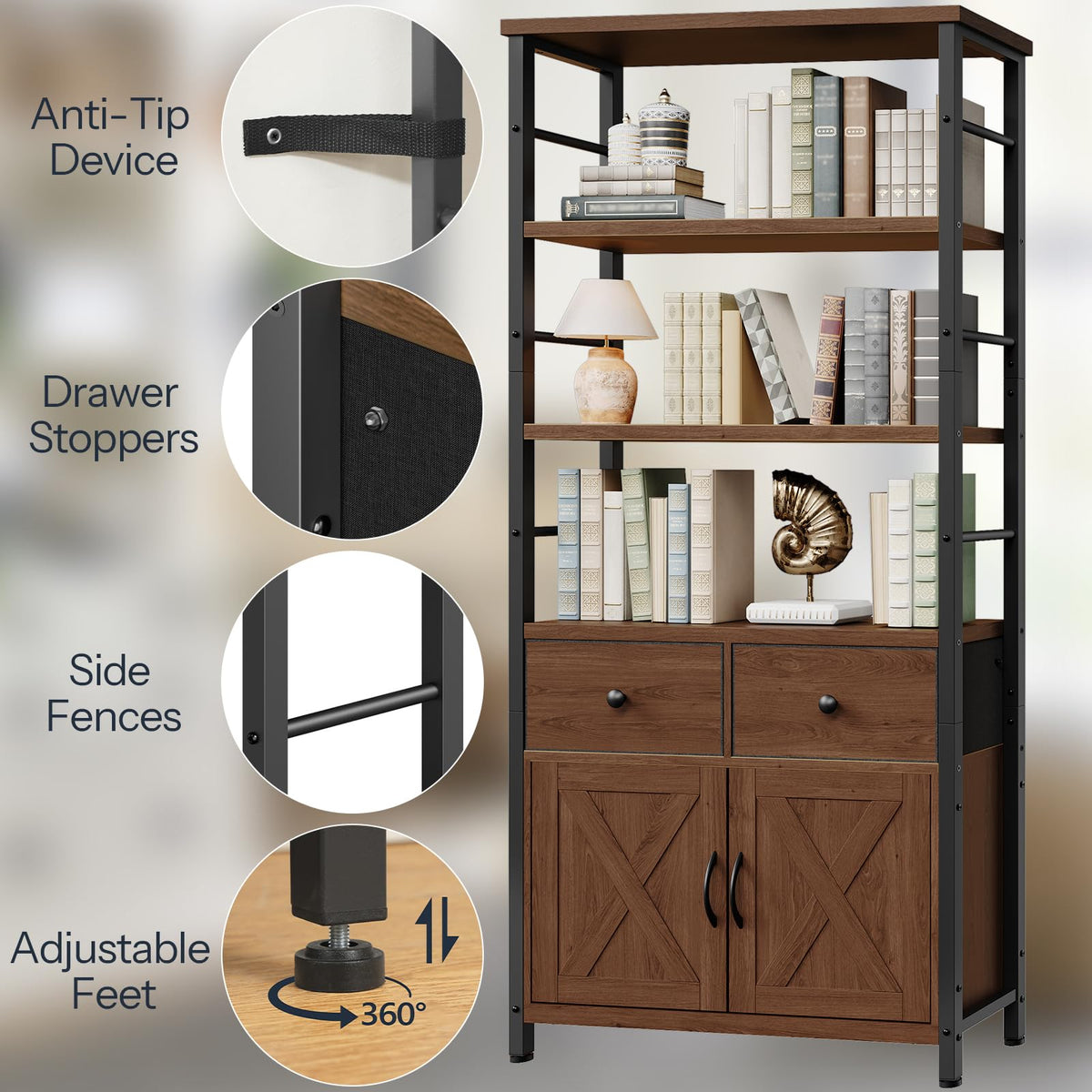 Wooden and Metal Bookshelf with Doors and Drawers E68593
