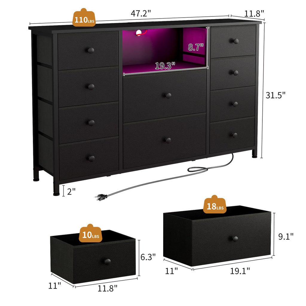 Black Dresser with Charging Station and LED Lights T558