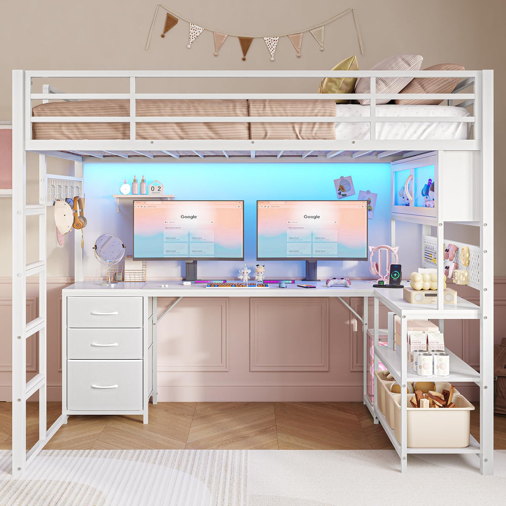 White Twin Gaming Loft Bed with Desk Q588