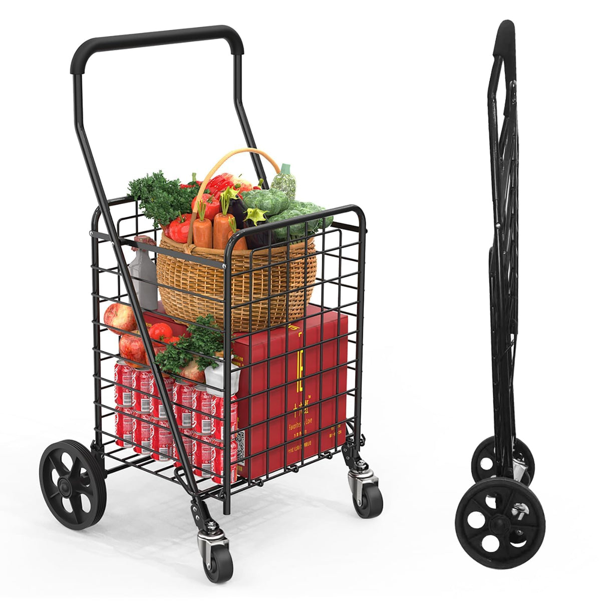 Grocery Shopping Cart with Swivel Wheels, Collapsible Utility Cart O5934