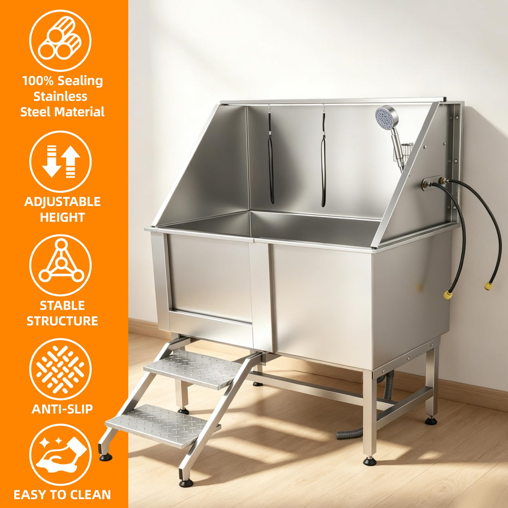 304 Stainless Steel Dog Washing Station with Stairs and 2 Drawers U319606