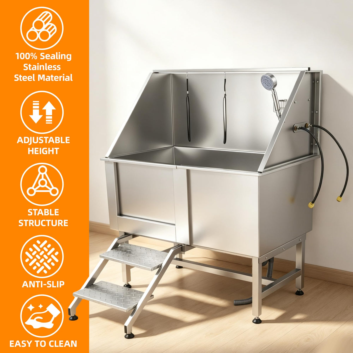 304 Stainless Steel Dog Washing Station with Stairs and 2 Drawers U319606