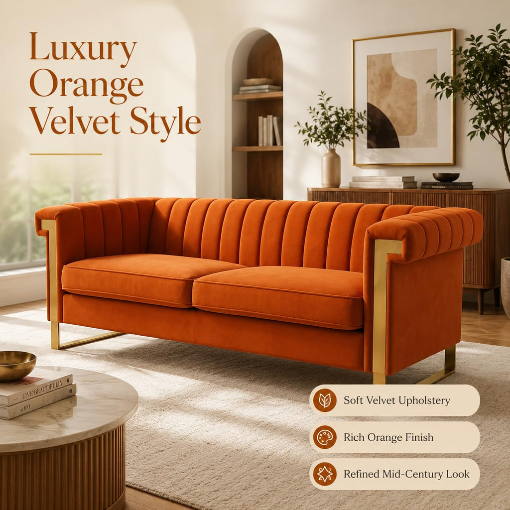 Orange Velvet Channel Tufted Sofa with Gold Metal Legs C7508