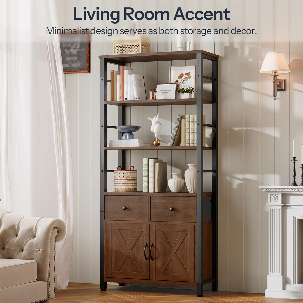 Wooden and Metal Bookshelf with Doors and Drawers E68593