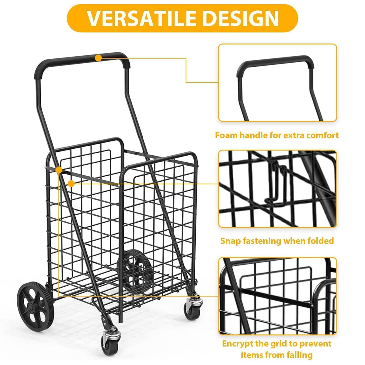 Grocery Shopping Cart with Swivel Wheels, Collapsible Utility Cart O5934