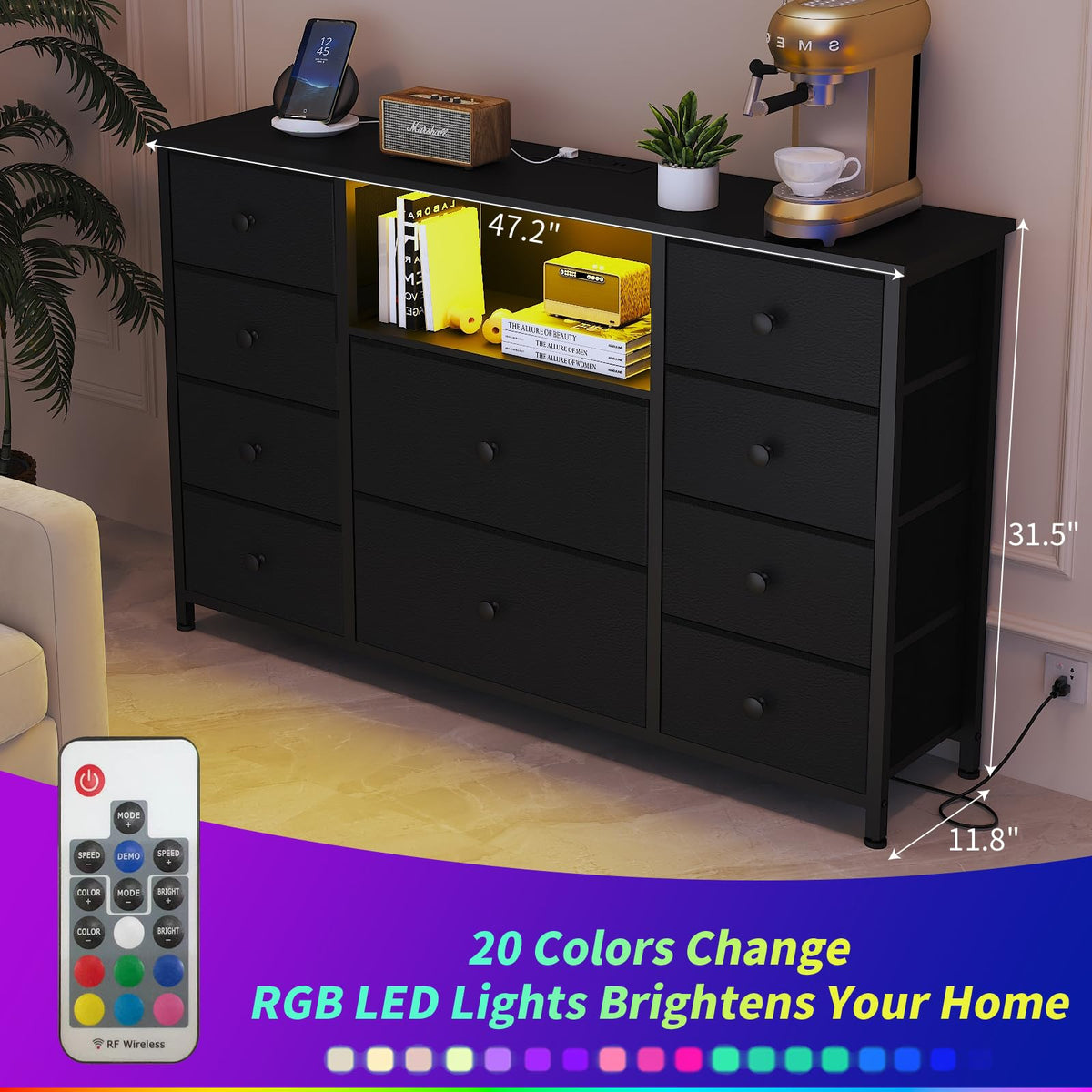 Black Dresser with Charging Station and LED Lights T558
