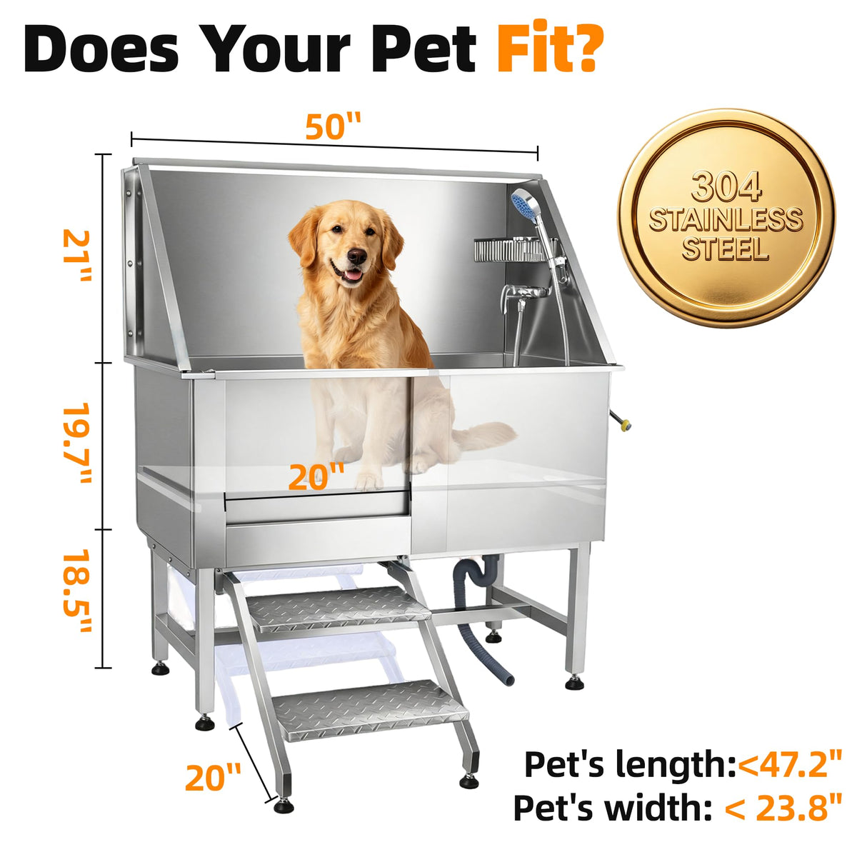 304 Stainless Steel Dog Washing Station with Stairs and 2 Drawers U319606