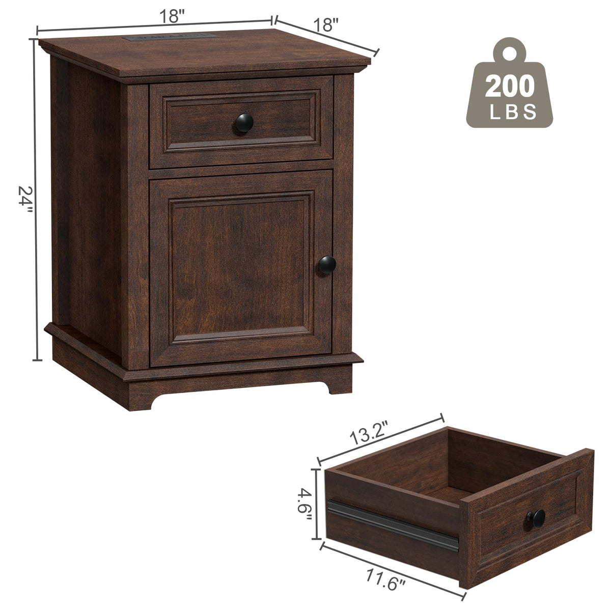24" Tall End Table with Charging Station, Drawer & Storage Cabinet, Cherry W9702