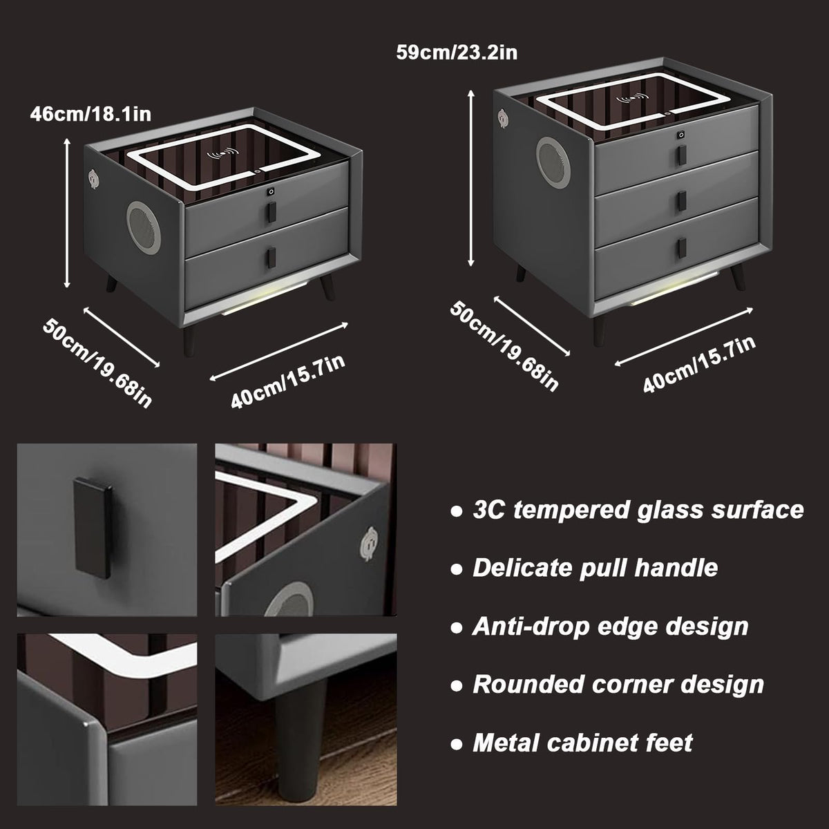 White 3 Drawer Nightstand with Fingerprint Lock and Wireless Charging P39866