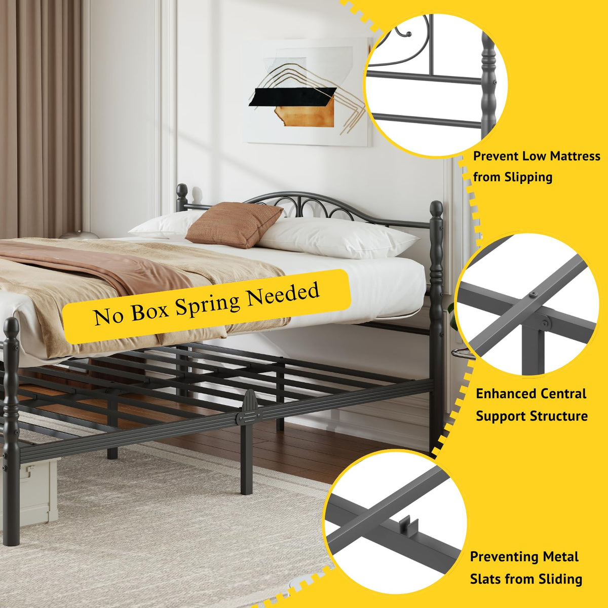 12" Metal Full Platform Bed Frame with Headboard D9718
