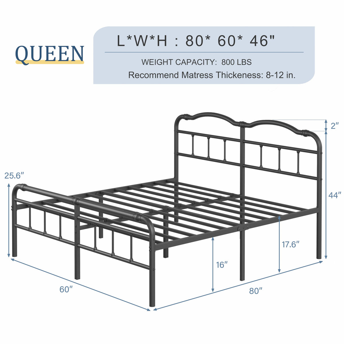 Queen Size 18 Inches Metal Bed Frame with Headboard Z409955