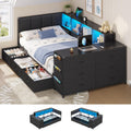 Twin Corner Bed with 6 Storage Dressers, 3 Drawers & Bookcase, Charging Station and LED Light, Desk, Upholstered Headboard, Black D716