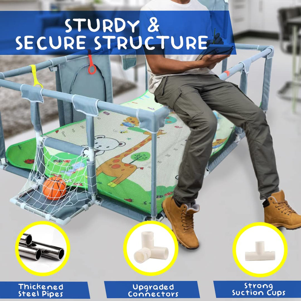 Large Baby Playpen with Foldable Mat, Basketball Hoop, Soccer Nets, 20 Balls, 4 Pull-Up Rings K2262