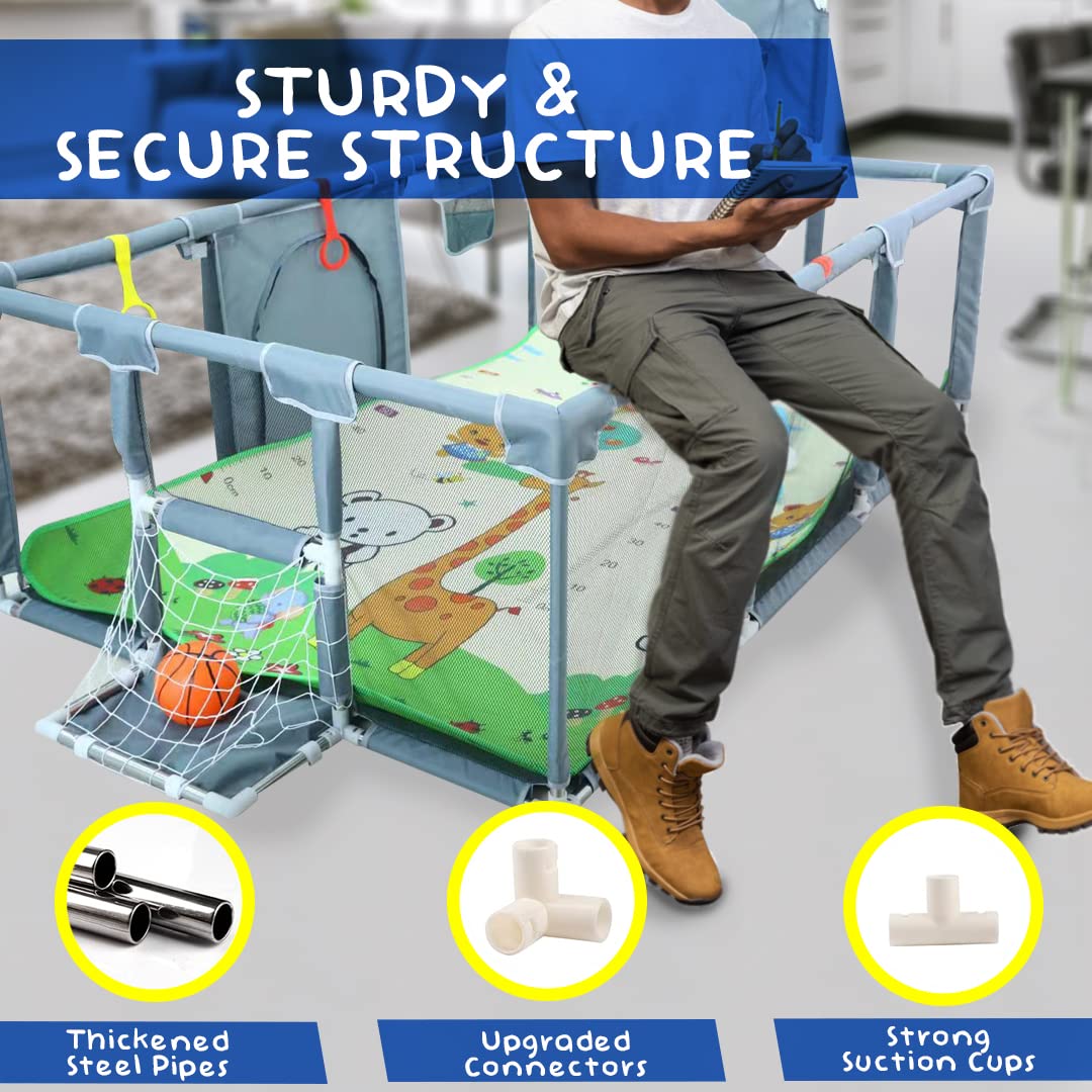 Large Baby Playpen with Foldable Mat, Basketball Hoop, Soccer Nets, 20 Balls, 4 Pull-Up Rings K2262