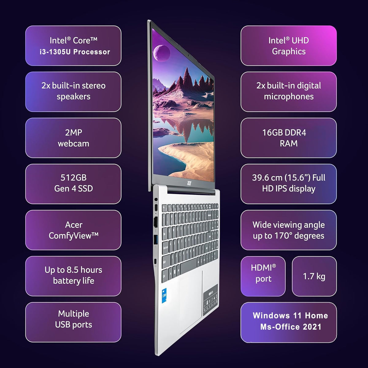 Slim Laptop Intel Core I3 8GB RAM 256GB SSD 15.6" FHD Windows 11 B3689